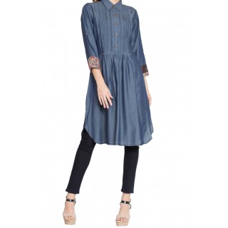 Pintuck Kurti- Denim Blue